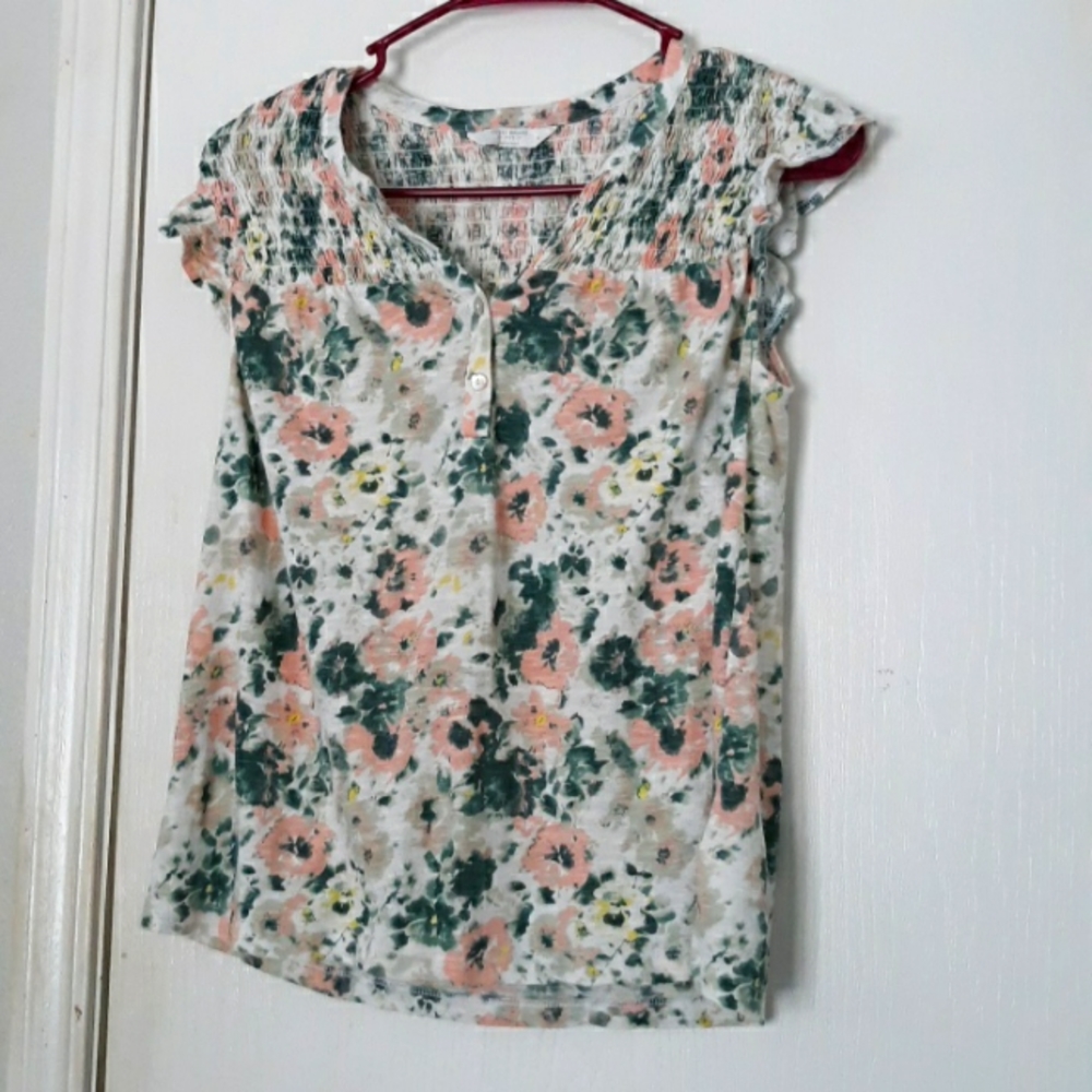 Lucky Brand Floral Print Summer Sleeveless Top Smocked Yoke sz S